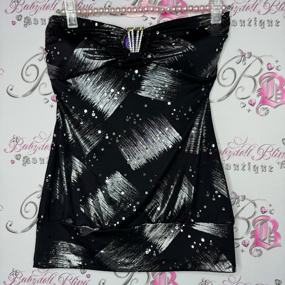 Jolie tank top strapless waist belt shimmer black silver holographic y2k club